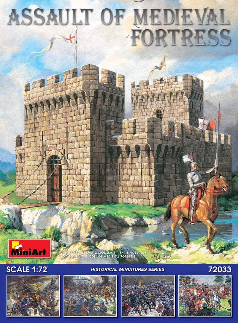 72033 MINIART SCALA 1/72 Assault of Medieval Fortress Kit include models of Medieval Fortress with Figures and Assault Units