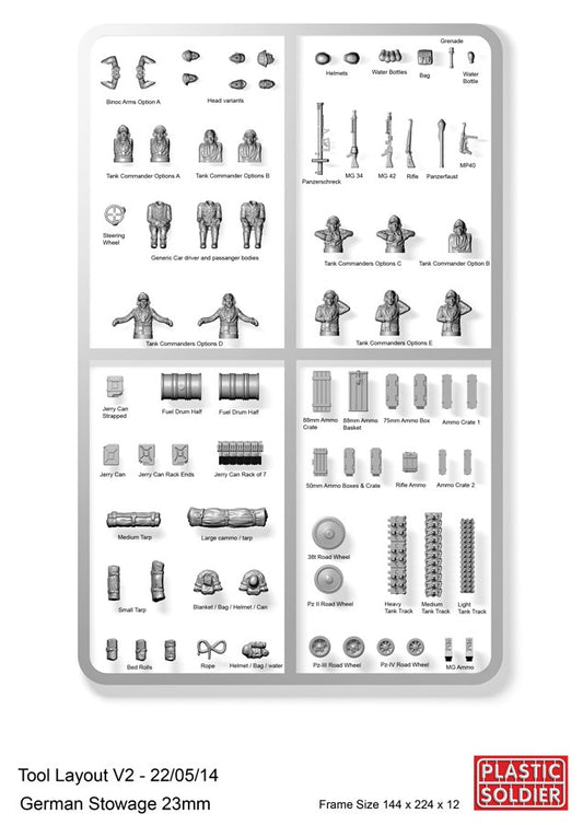 WW2V20021 THE PLASTIC SOLDIER COMPANY SCALA 1/72 German stowage and tank commanders (3 sprues of assorted stowage and figures)